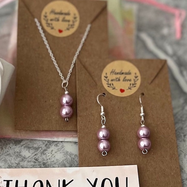 Purple pearl necklace and earrings set Handmade with love for that special day.