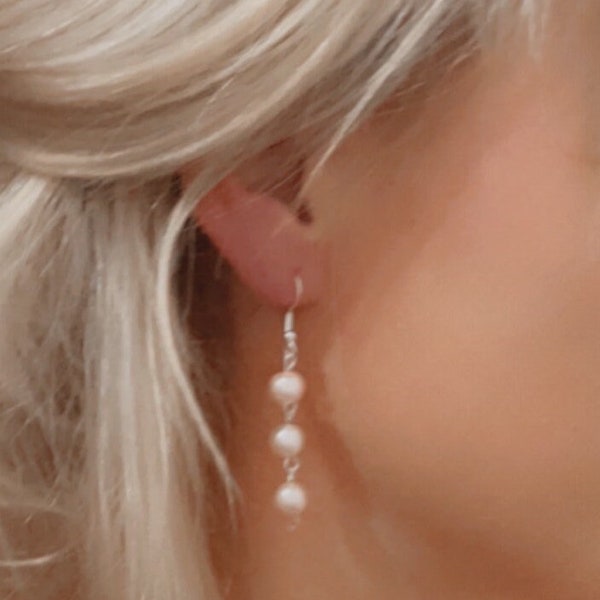Pink pearl earrings. Sterling silver ear hook with three dainty Pearl drops. Bridal earrings. Bridesmaid earrings.