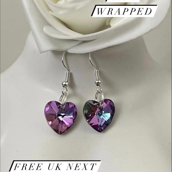Purple heart earrings. Sterling silver ear hooks with glass purple pendant.