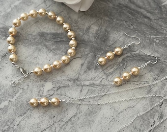 Peach Orange Faux Pearl Jewelry Set, Sterling Silver Earrings, Bridal