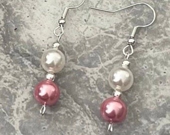 Pink Pearl Drop Earrings, Sterling Silver Hooks, Bridal Jewelry