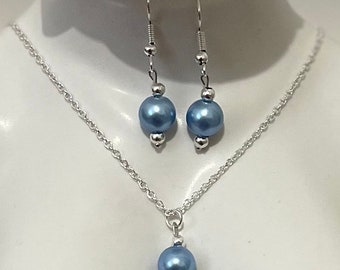 Blue pearl necklace and earrings set Handmade with love for that special day.