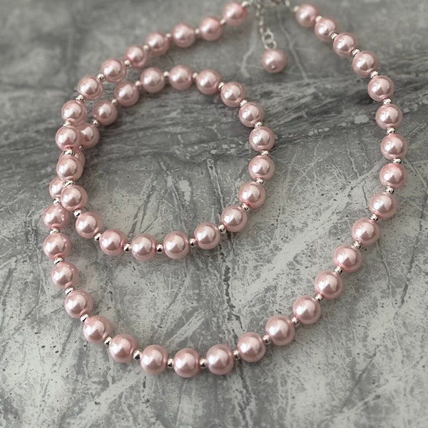 Pink pearl necklace. Bridesmaid gifts, bride, Weddings, birthdays, gifts for her.