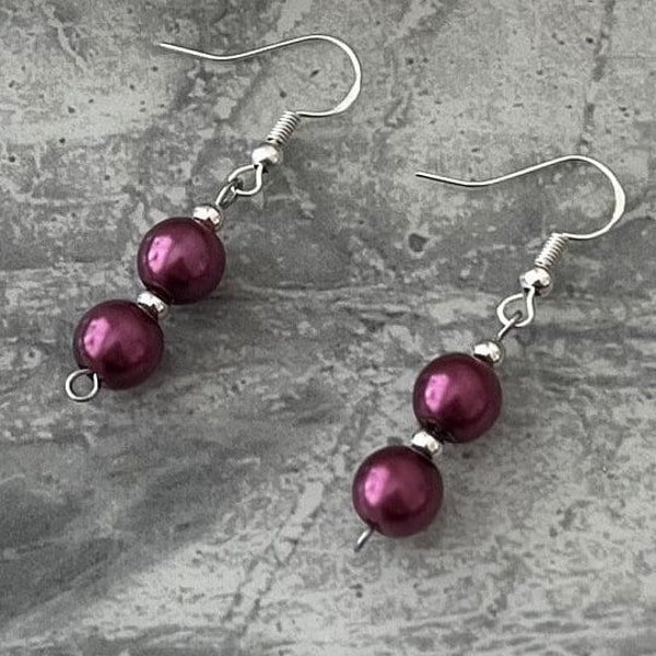 Burgundy pearl earrings, Maroon, deep red colour on a sterling silver ear hook. Bridal jewellery.