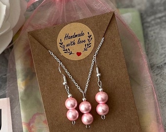 Sterling Silver Faux Pink Pearl Necklace and Earrings Set, Bridal Bridesmaid Jewelry