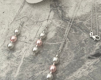Silver Faux Pearl Jewelry Set, Pink & Ivory, Bridesmaid Gift