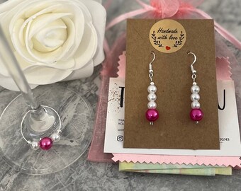 Hot Pink Pearl Drop Earrings, Sterling Silver Hooks, Free Charm