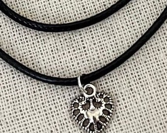 Silver Heart Pendant Necklace, Black Cord Choker (20 inch)