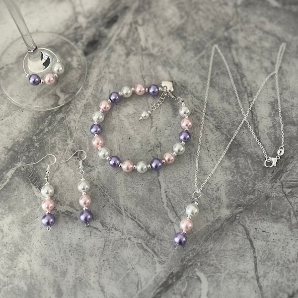 Pink pearl set. Necklace, earrings and bracelet in pink, lilac and cream.  Handmade with love for that special occassion.