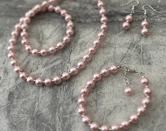 Pink pearl set. necklace, earrings and bracelet.  Handmade with love for that special occassion.