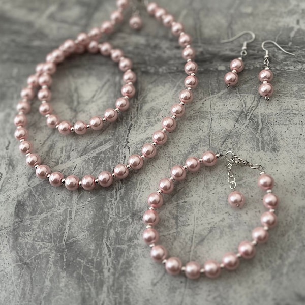 Pink pearl set. necklace, earrings and bracelet.  Handmade with love for that special occassion.