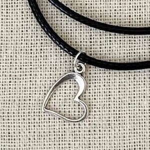 Silver heart necklace. Choker necklace. Cord necklace.