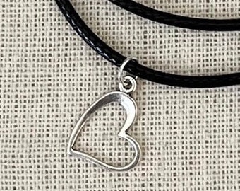 Silver Heart Pendant Necklace, Black Cord Choker (20 inch)