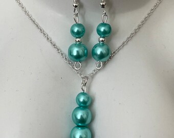 Teal turquoise pearl necklace and earrings set Handmade with love for that special day.