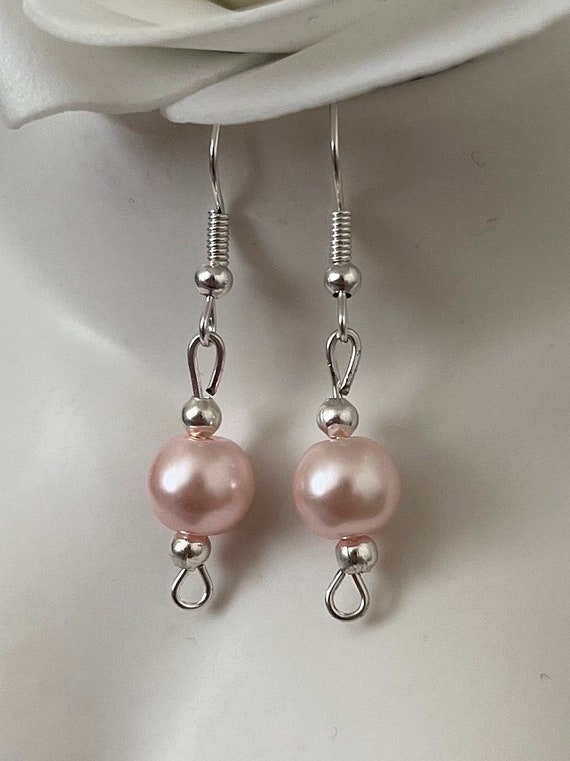 Pink Pearl Drop Earrings. Sterling Silver Ear Hook With