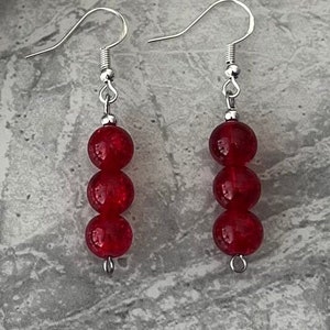 Red dangle drop earrings. Sterling silver ear hook with three dainty beaded drop. Free gift wrapping.