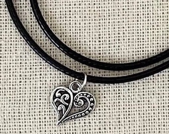 Silver Heart Pendant Necklace - Black Cord Choker, Handmade Jewellery.