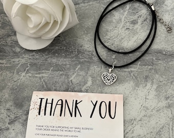 Silver Heart Pendant Necklace, Black Cord Choker