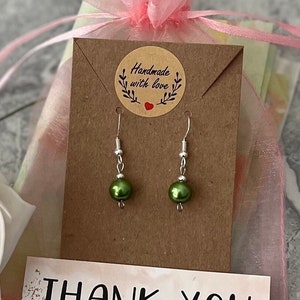 Green pearl dangle drop sterling silver ear hook earrings.