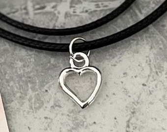Silver Heart Pendant, Black Cord Necklace, 20 inch Choker