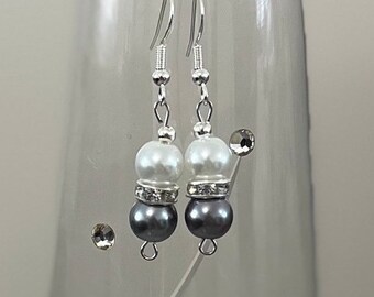 Sterling Silver Pearl Drop Earrings, Grey & Ivory Bridal Jewelry