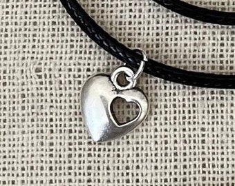 Silver Heart Pendant Necklace, Black Cord Choker (20 inch)