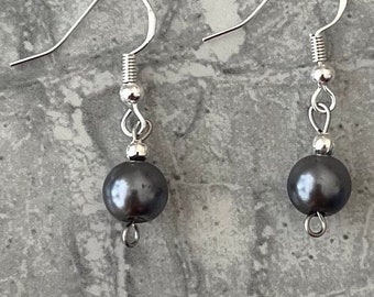 Pendientes colgantes de perla gris, gancho de plata de ley, perla de 8 mm