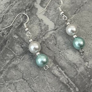 Teal turquoise and cream earrings. Pearl dangle drop with sterling silver ear hooks.