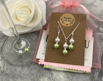 Conjunto de joyas de perlas verdes. Regalos para damas de honor, novias, bodas, cumpleaños, regalos para ella.