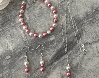 Pink pearl set. Necklace, earrings and bracelet.  Handmade with love for that special occassion.