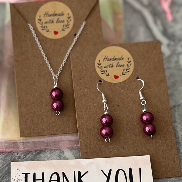 Burgundy pearl jewellery set. necklace and earrings, handmade with love for that special someone. Maroon, red.