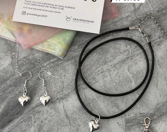 Silver Heart Pendant Cord Necklace & Earring Set, Keychain Gift
