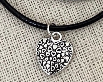 Silver Heart Pendant Necklace - Black Rope Choker, 20 Inch