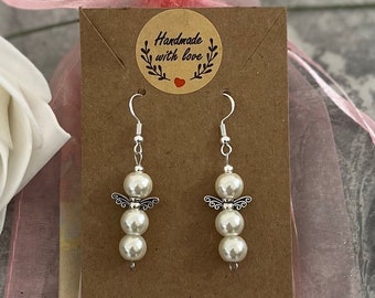 Pearl Guardian Angel Earrings, Sterling Silver Hooks, Bridal Jewelry