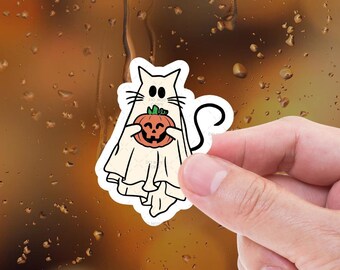 Halloween Cute Ghost Cat Sticker - Spooky Season Laptop Stickers