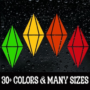 May include: Four diamond-shaped icons in bright green, yellow, orange, and red arranged horizontally. Below the icons, white text on a black background reads 30+ COLORS & MANY SIZES. The background behind the icons features a dark, rainy window.