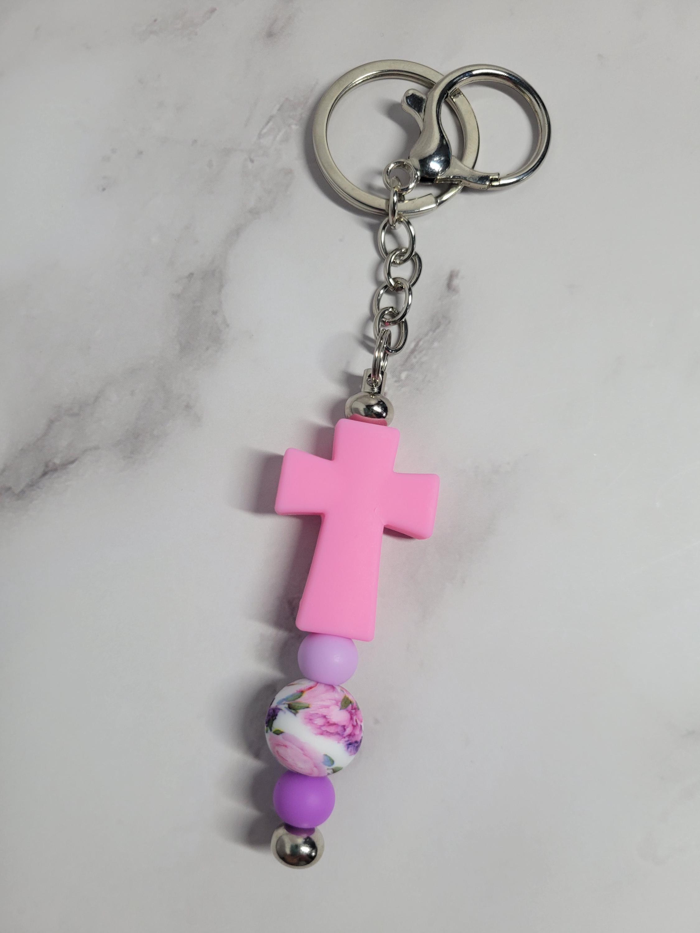 Cross Beaded Keychains - Pink, Blue, Purple Flowers - Jesus