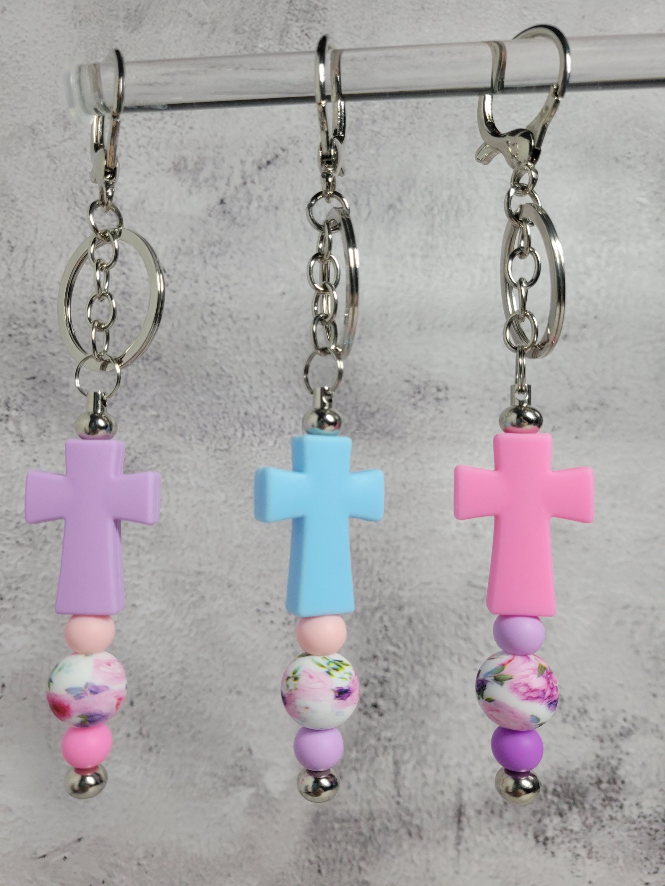 Cross Beaded Keychains - Pink, Blue, Purple Flowers - Jesus