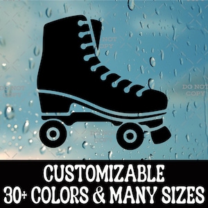 May include: Black roller skate silhouette with white text that reads "CUSTOMIZABLE 30+ COLORS & MANY SIZES". The image is set against a blue background with water droplets.
