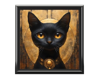 Boîte à bijoux art déco chat noir : anneau en bois et organiseur d'accessoires