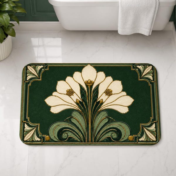 Art Deco Green Bath Mat, Emerald Floral Bathroom Rug, Vintage Glam Memory Foam Mat, Elegant Art Nouveau Bathroom Decor, Non Slip Bath Rug