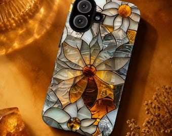 Art Deco Floral Stained Glass Phone Case, Elegant Cognac Floral iPhone Samsung Galaxy Google Pixel Cover, Deep Honey and Off White Colours