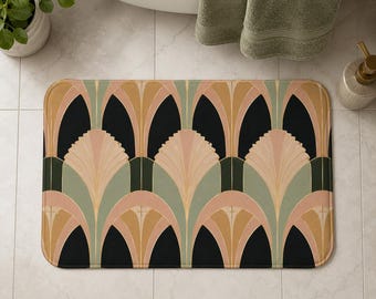 Art Deco Bath Mat, Sage Green Bathroom Rug, Gatsby Style Bath Rug, Blush Pink Fan Pattern, Luxury Non Slip Bathroom Decor