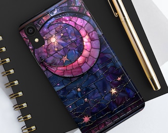 Blue & Purple Tough Smartphone Case With Moon Design in Stained Glass Aesthetic, iPhone 16, 15,14, 13, 12, X Case in Mythical Divine Art