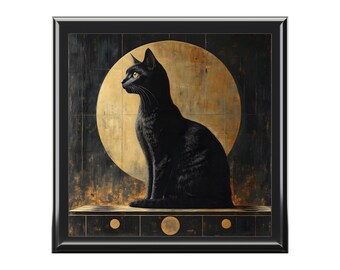 Boîte à bijoux noire art déco chat : organiseur de bagues et boucles d'oreilles en bois
