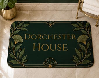 Personalized Art Deco Bath Mat, Custom Name Bathroom Rug, Emerald Green Gold Decor, Gatsby Bathroom, Luxury Housewarming Gift