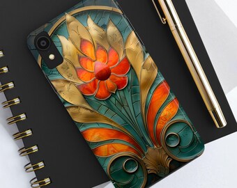 Art Deco-blommigt telefonskal, turkosguldfärgat lotus-iPhoneskal, vintagebotaniskt Samsungskal, elegant lyxigt skal