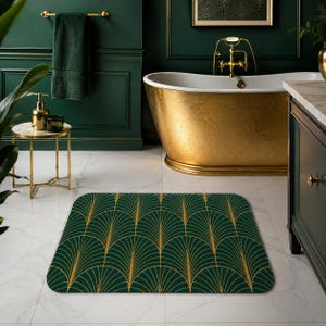 Art Deco Bath Mat, Emerald Green & Gold Bathroom Rug, Gatsby Bathroom Decor, Luxury Non Slip Bath Mat, Geometric Fan Pattern Rug