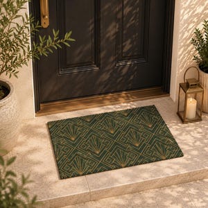 Green Art Deco Doormat, Japandi Welcome Mat, Geometric Front Door Rug, Modern Minimalist Outdoor Entry Decor
