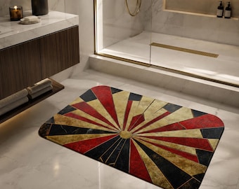 Luxurious Art Deco Bath Mat, Red Black Gold Bathroom Decor, Non Slip Microfiber Floor Mat